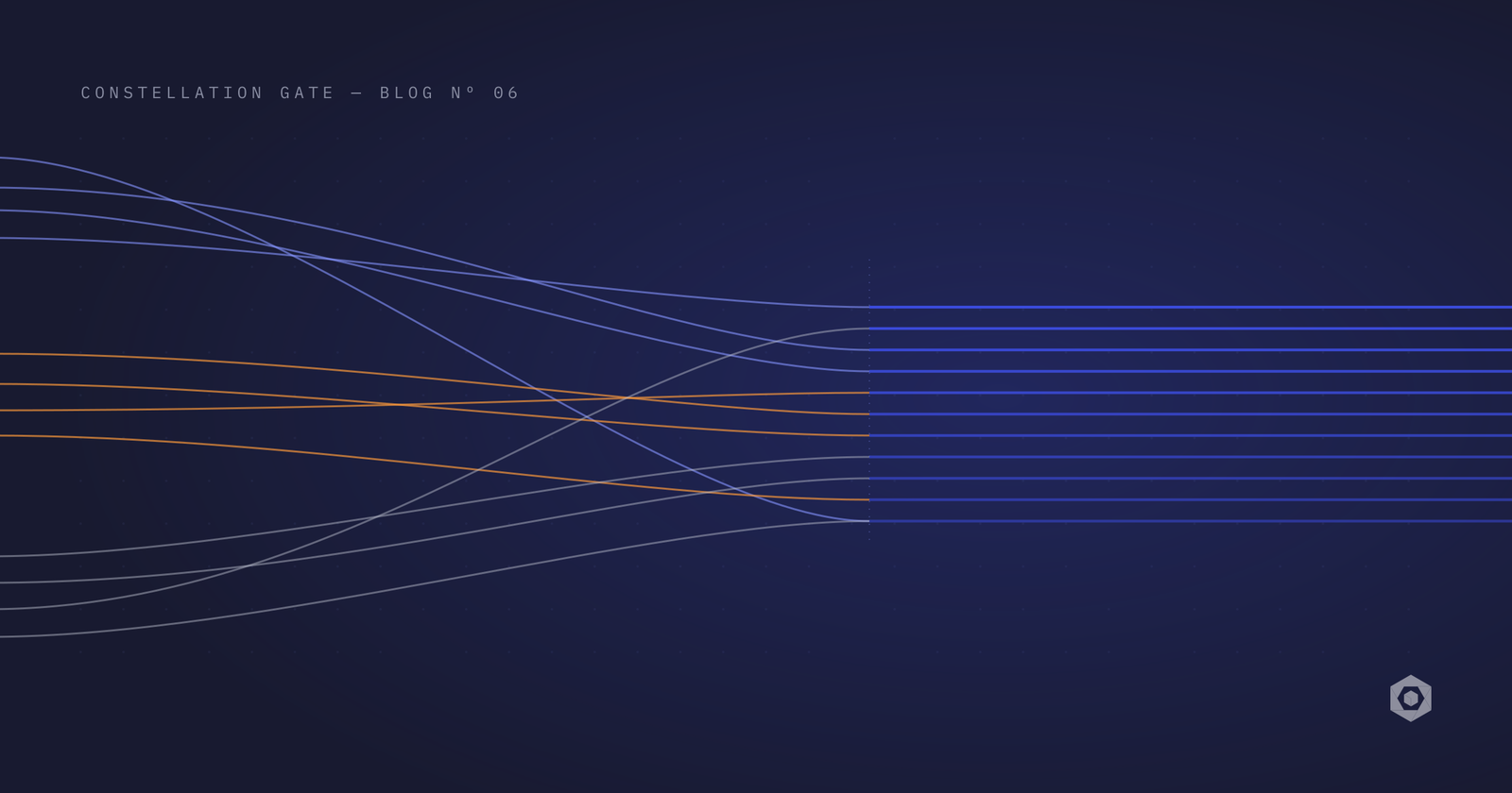 Three sets of curved strands, indigo, amber and grey, enter from the left at three different heights, cross and braid together, then leave to the right as eleven evenly spaced parallel indigo lines on a dark blue ground.