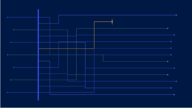 Abstract diagram of many horizontal data paths crossing a single vertical control line, with one path highlighted in gold.