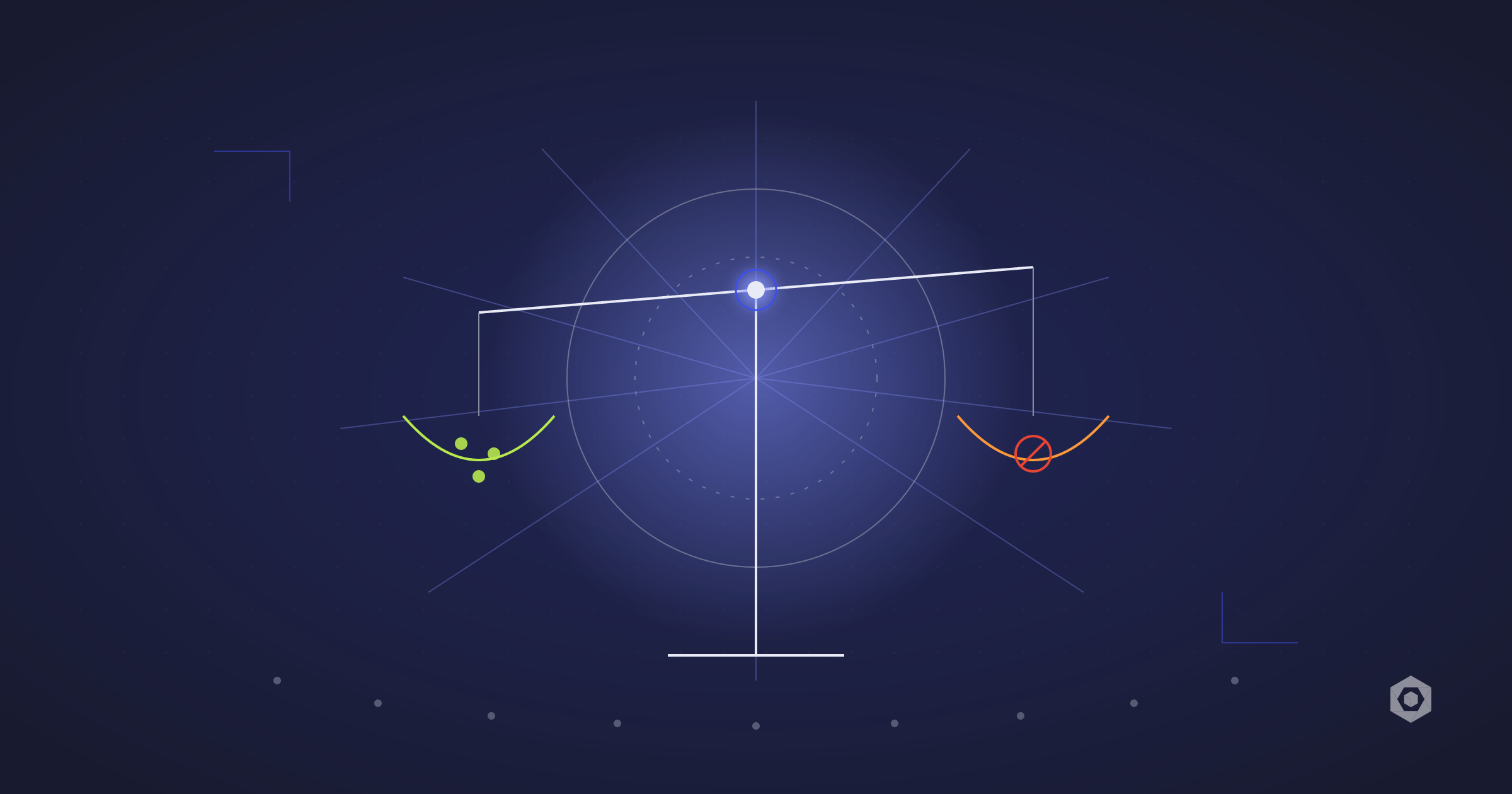 A pair of balanced scales rendered as thin schematic lines, with a bright central node radiating faint rays outward, one pan holding a small bright cluster and the other a hollow ring, over a sparse arc of dots.