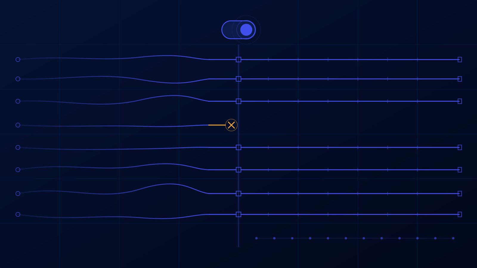 Abstract dark navy illustration on a faint grid. Eight horizontal blue lines run from small circles on the left, wavering slightly before straightening into evenly segmented bars that extend to the right edge. A vertical blue line crosses them near the center, with a toggle switch at its top. The fourth line stops short of that vertical line and ends in an orange circle with an X, marking it as blocked. A row of dots sits below the lines like a timeline.