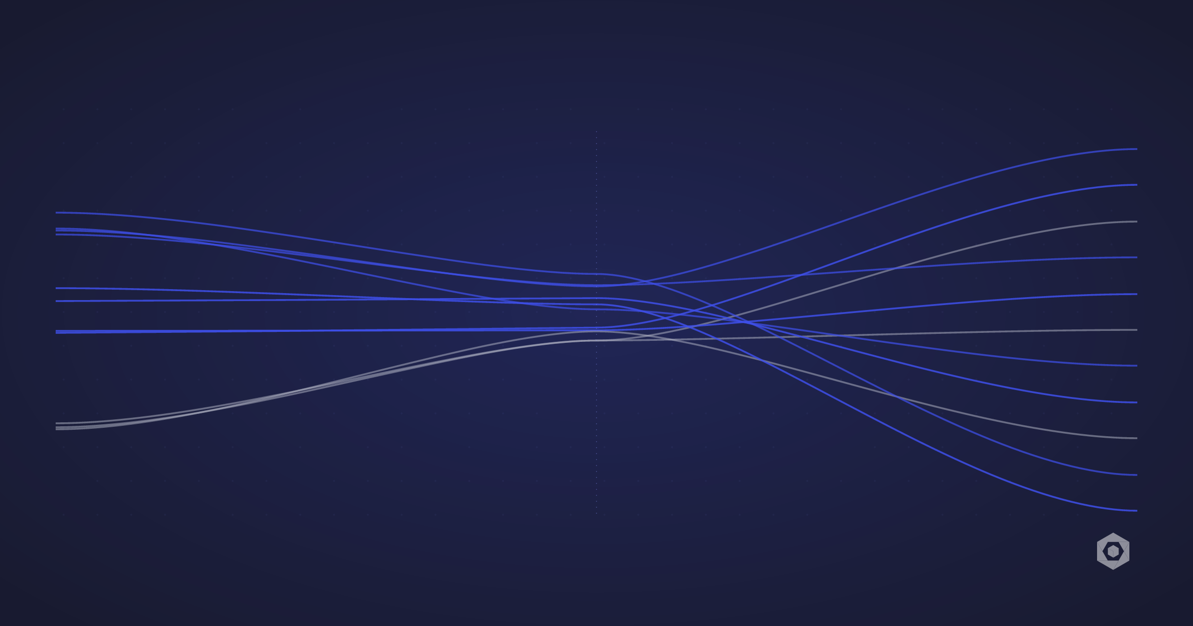 Several sets of curved strands enter from the left at different heights in indigo, indigo and grey, cross and braid together through the centre, and leave to the right as 11 evenly spaced parallel indigo lines on a dark blue ground.